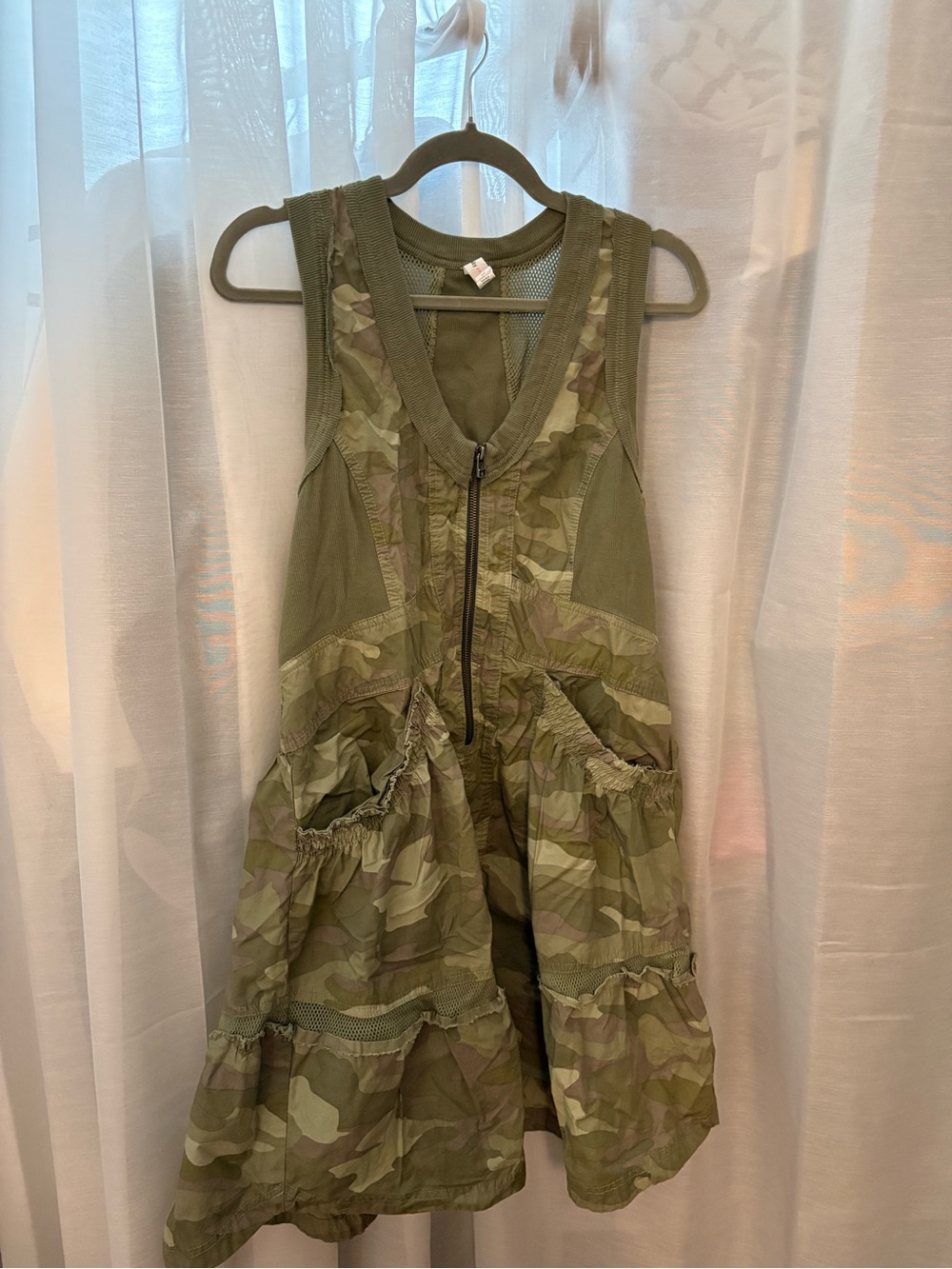 Women's Olive Green Camouflage Zip-Front Sleeveless Dress